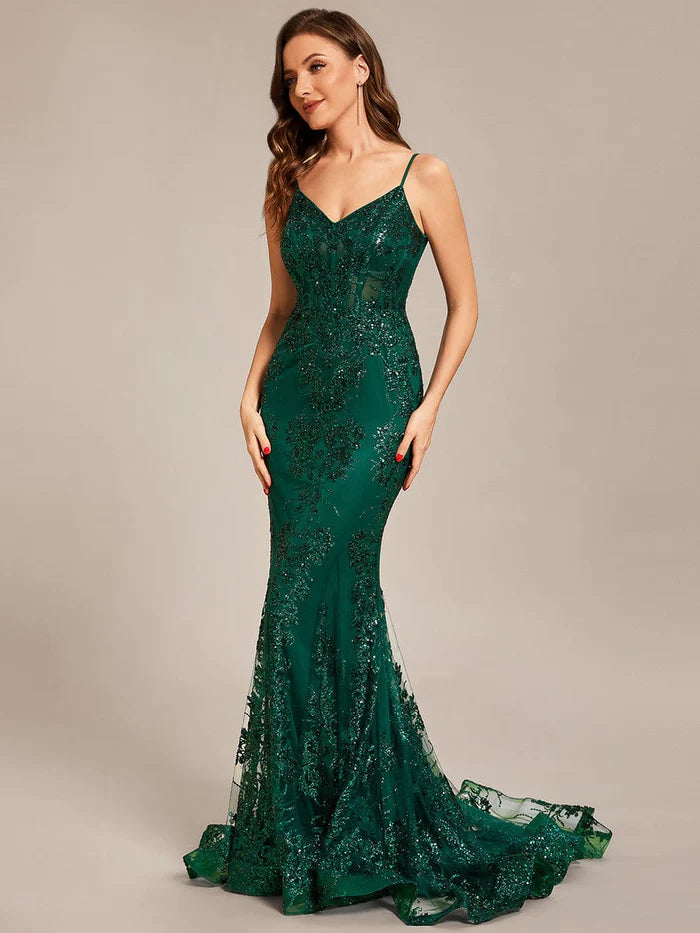 Robe de bal sirène transparente brodée de sequins, taille personnalisée 