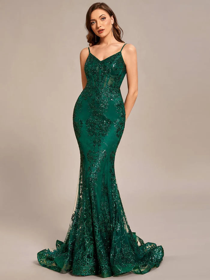 Robe de bal sirène transparente brodée de sequins, taille personnalisée 