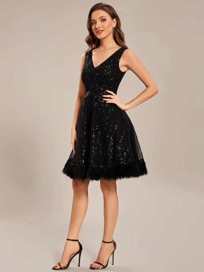 Robe de bal courte à paillettes et plumes, col en V, sur mesure 