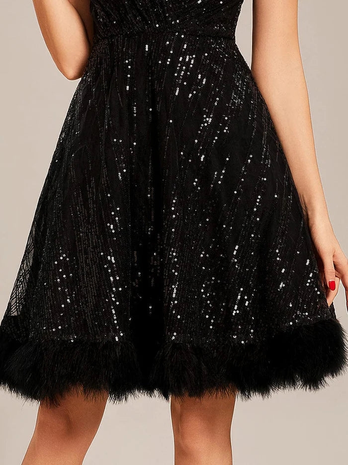 Robe de bal courte à paillettes et plumes, col en V, sur mesure 