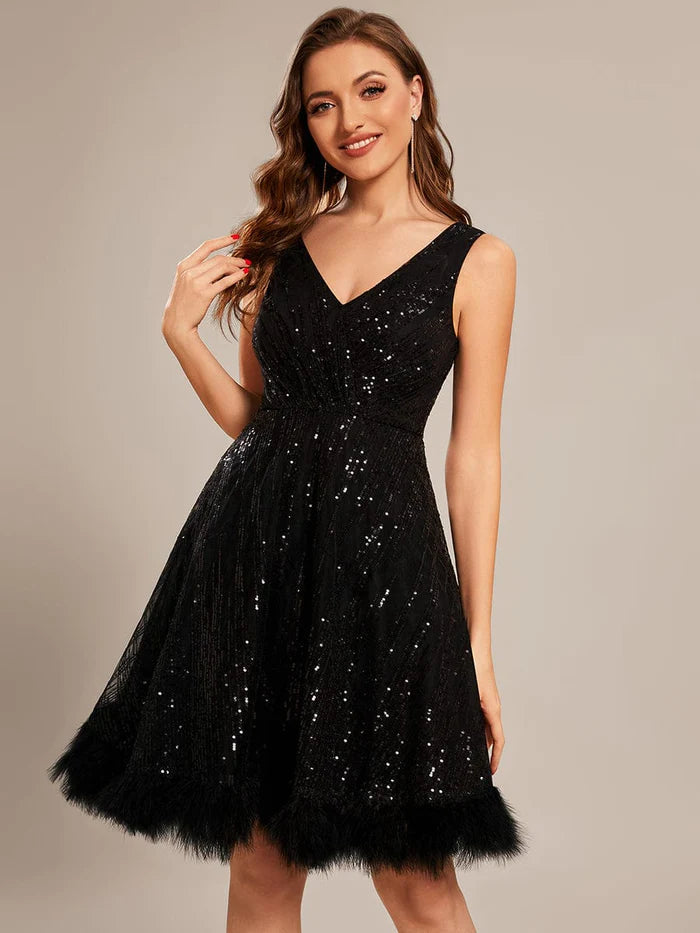 Robe de bal courte à paillettes et plumes, col en V, sur mesure 
