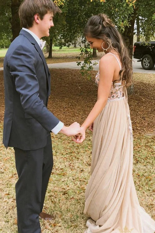 Champagne Floral Embroidered Tulle Gown with Spaghetti Straps