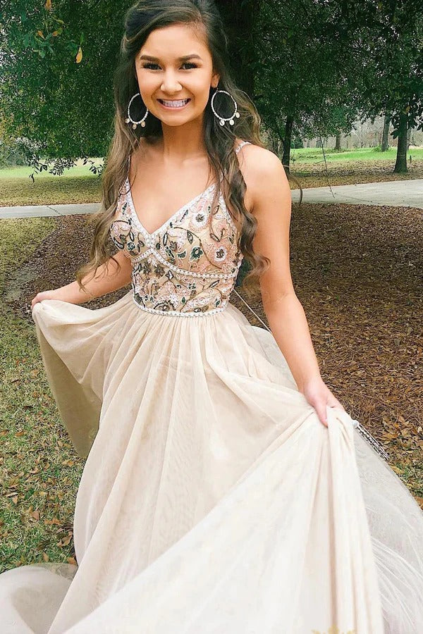 Champagne Floral Embroidered Tulle Gown with Spaghetti Straps