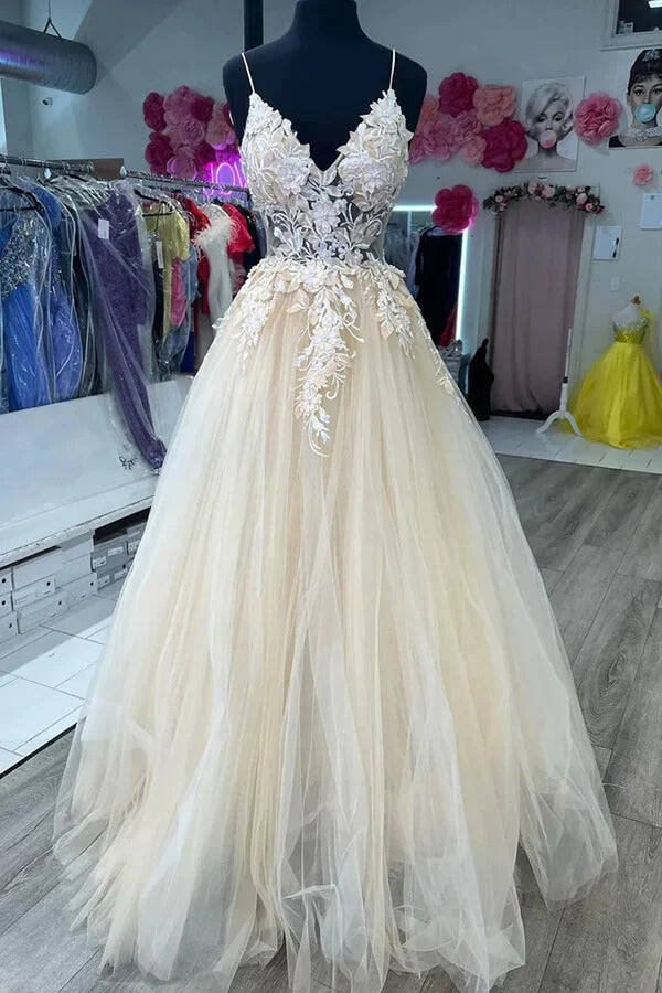 Champagne Lace Applique Tulle A-Line Prom Gown – V-Neck Open Back Formal Ball Gown with Train