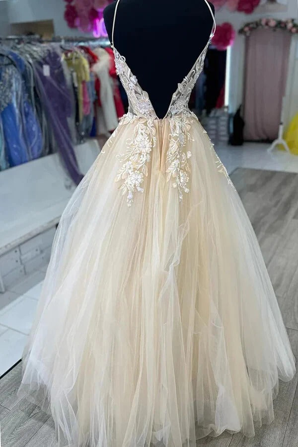 Champagne Lace Applique Tulle A-Line Prom Gown – V-Neck Open Back Formal Ball Gown with Train