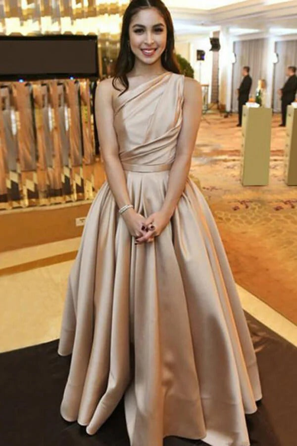 Champagne One-Shoulder Satin A-Line Gown with Draped Bodice