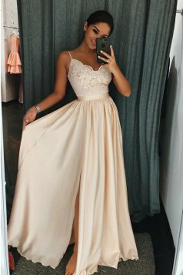 Champagne Satin Lace Sweetheart Neck Spaghetti Strap A-Line Gown with Slit