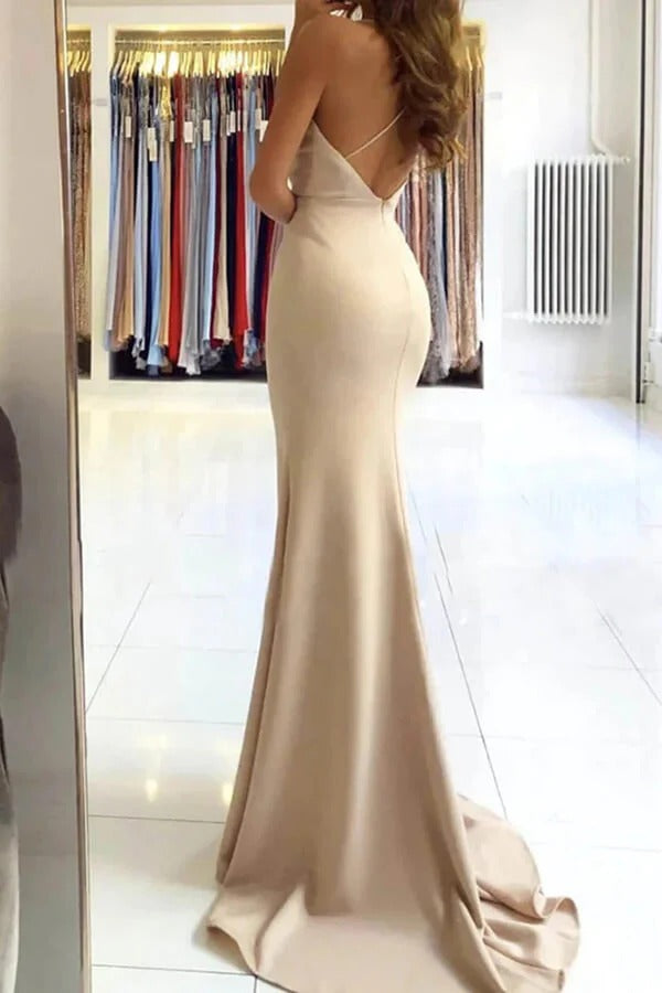 Champagne Satin Mermaid Maxi Gown – Deep V-Neck Open Back High Slit Prom Formal Dress