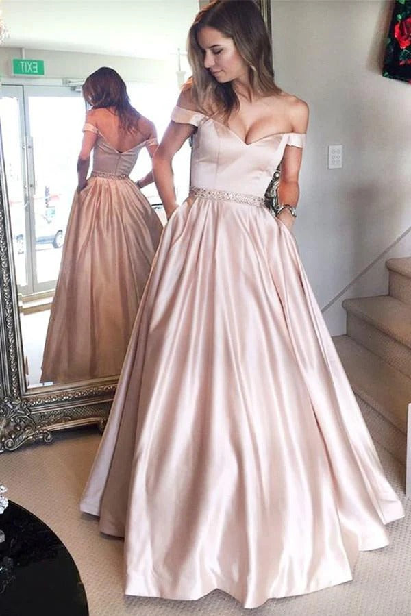 Champagne Satin Off-the-Shoulder Beaded Waist A-Line Gown with Pockets