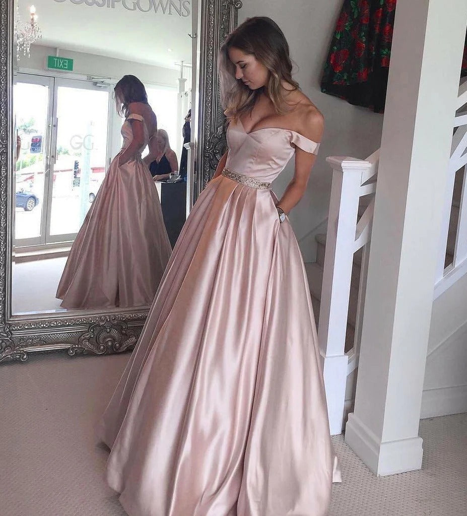 Champagne Satin Off-the-Shoulder Beaded Waist A-Line Gown with Pockets