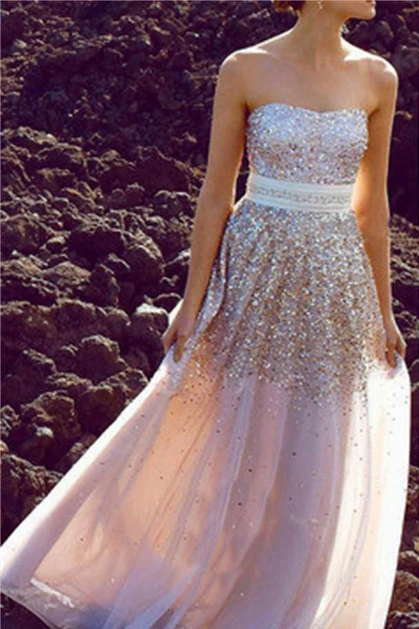 Champagne Sequin Gradient Tulle Strapless A-Line Maxi Gown
