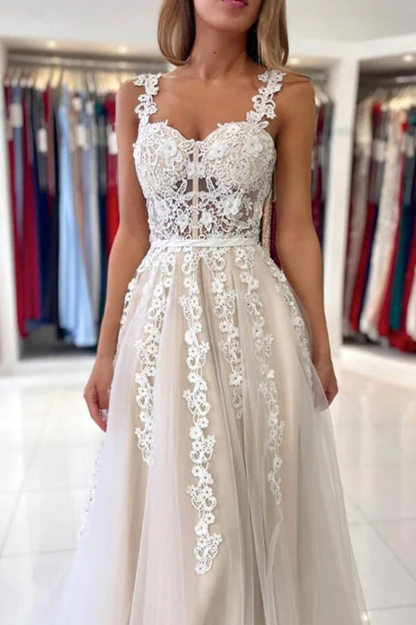 Champagne Spaghetti Strap Square Neck Open Back 3D Floral Lace Tulle A-Line Maxi Gown with Train