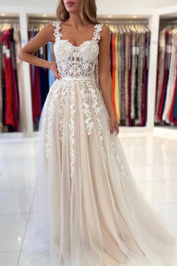 Champagne Spaghetti Strap Square Neck Open Back 3D Floral Lace Tulle A-Line Maxi Gown with Train
