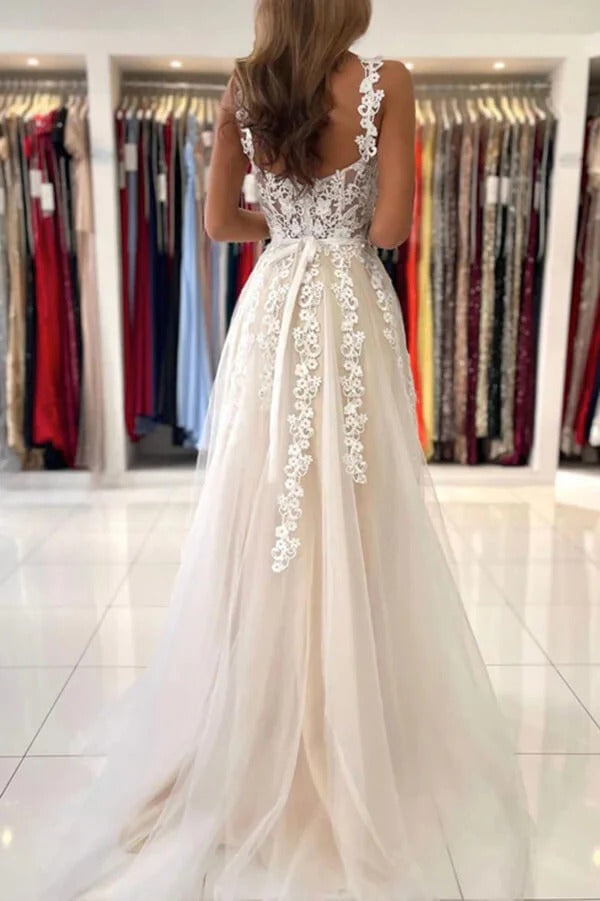 Champagne Spaghetti Strap Square Neck Open Back 3D Floral Lace Tulle A-Line Maxi Gown with Train