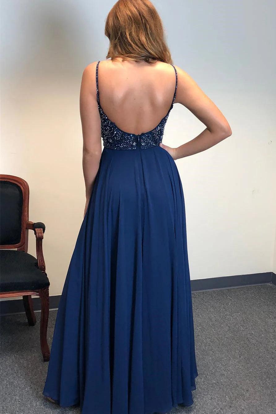 Charming A-Line Sweetheart Spaghetti Straps Low Back Slit Floor Length Prom Dress
