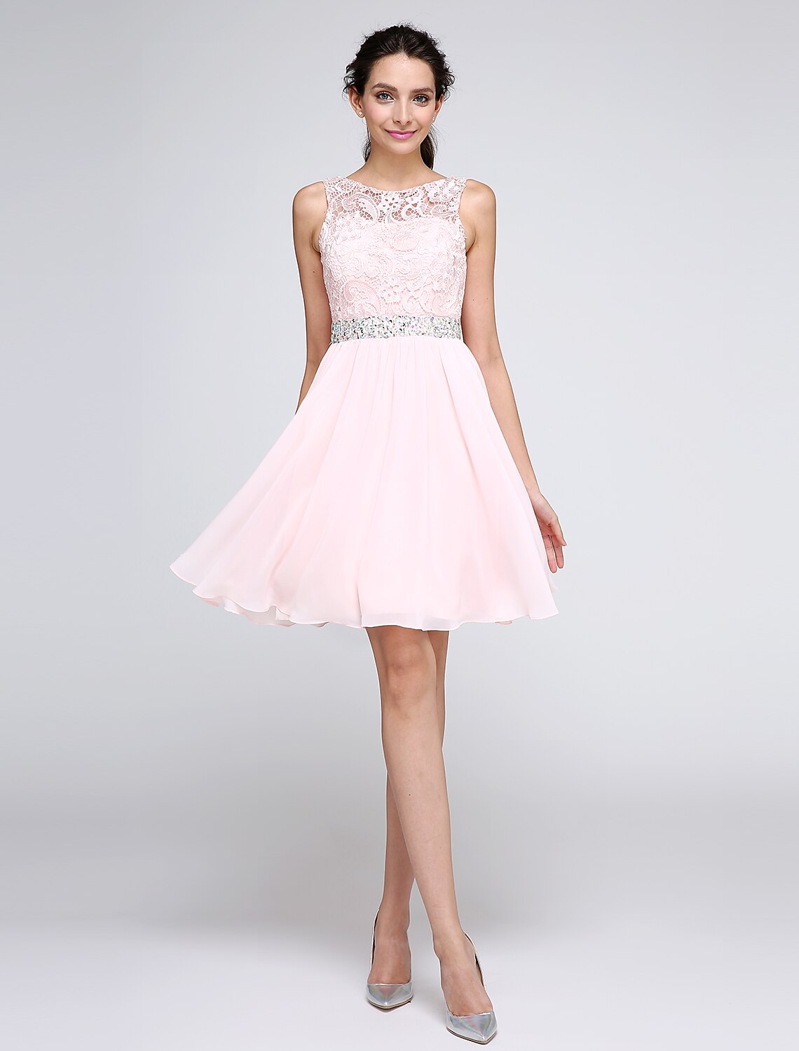 Chic A-Line Illusion Neck V-Back Crystal Pink Mini Party Dress.