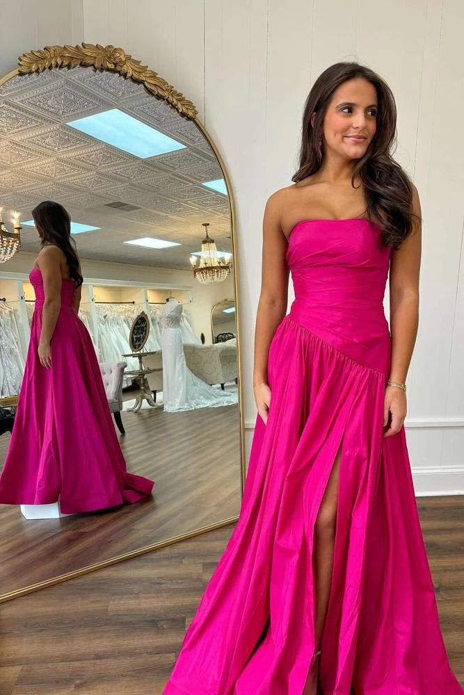 Chic A-Line Straight Neck Strapless Open Back Slit Floor Length Prom Dress