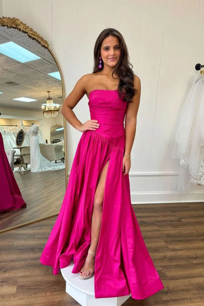 Chic A-Line Straight Neck Strapless Open Back Slit Floor Length Prom Dress