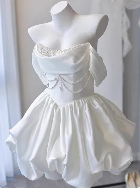 Chic A-Line Strapless Draped-Neck Pearl-Chain Bubble-Hem Mini Homecoming Dress