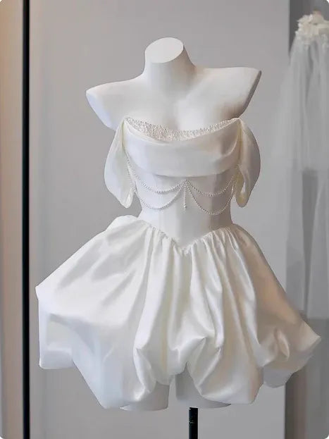 Chic A-Line Strapless Draped-Neck Pearl-Chain Bubble-Hem Mini Homecoming Dress