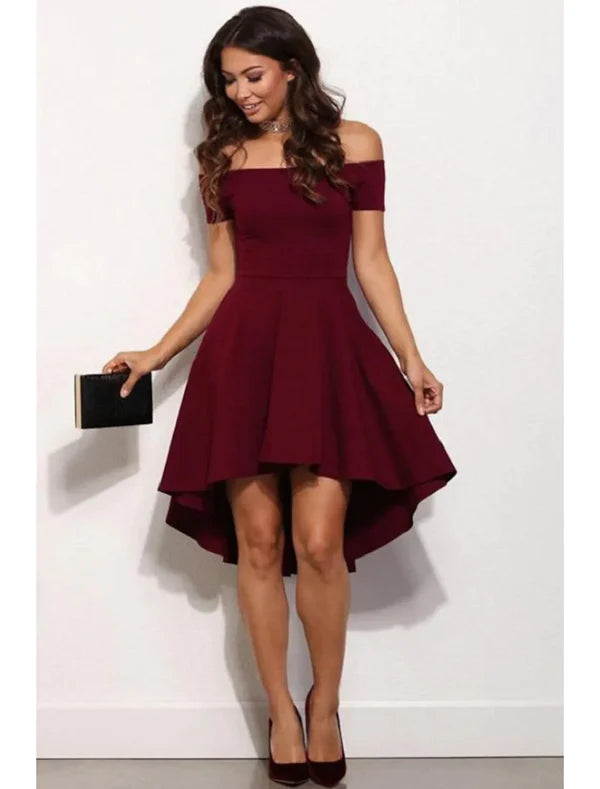 Model wearing a chic off-shoulder stretch satin mini homecoming dress.