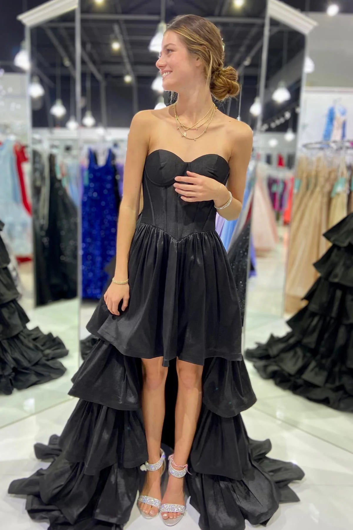 Chic High-Low Strapless Sweetheart Tiered Satin Floor-Length Prom Dress