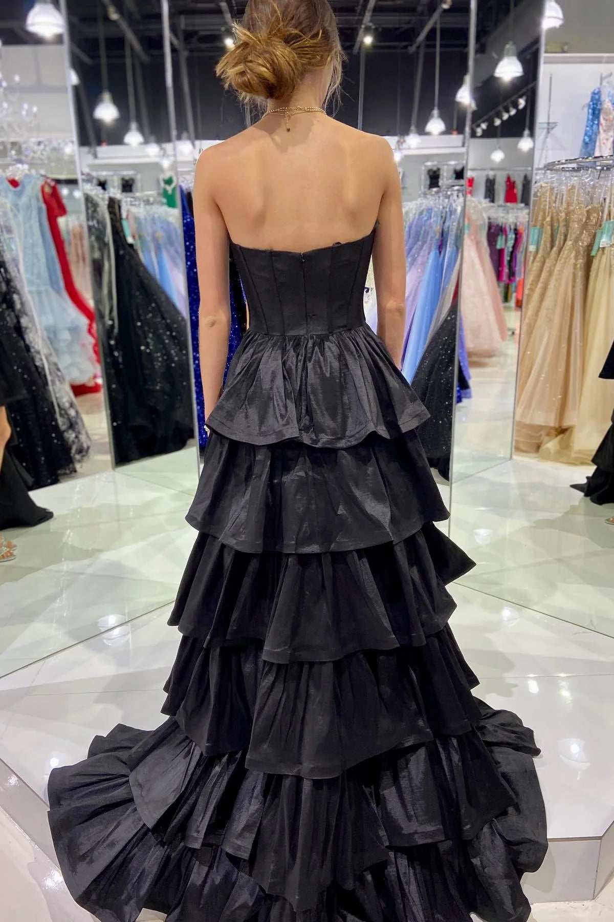 Chic High-Low Strapless Sweetheart Tiered Satin Floor-Length Prom Dress
