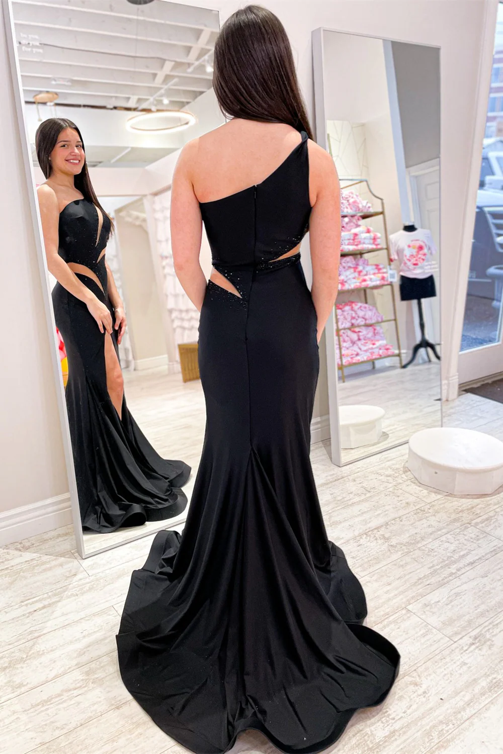 Chic Mermaid One-Shoulder Rhinestone-Trim Mesh-Cutout High-Slit Stretch Satin Floor-Length Prom Dress