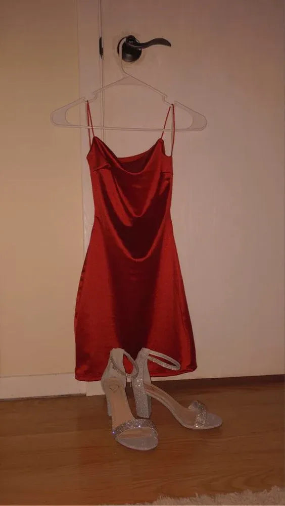 Chic Sheath Cowl-Neck Thin-Strap Satin Midi Prom Dress