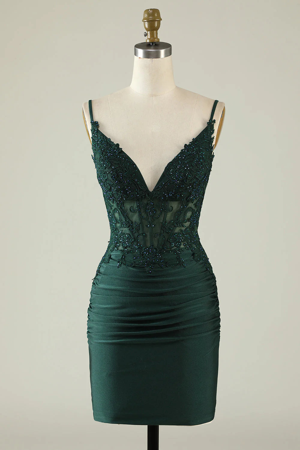 Chic Sheath V-Neck Thin-Strap Illusion-Lace Side-Ruched Satin Mini Prom Dress