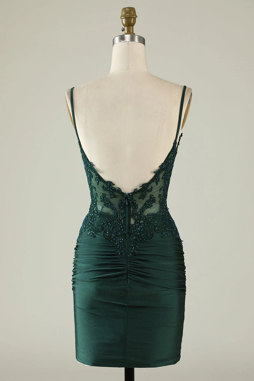 Chic Sheath V-Neck Thin-Strap Illusion-Lace Side-Ruched Satin Mini Prom Dress