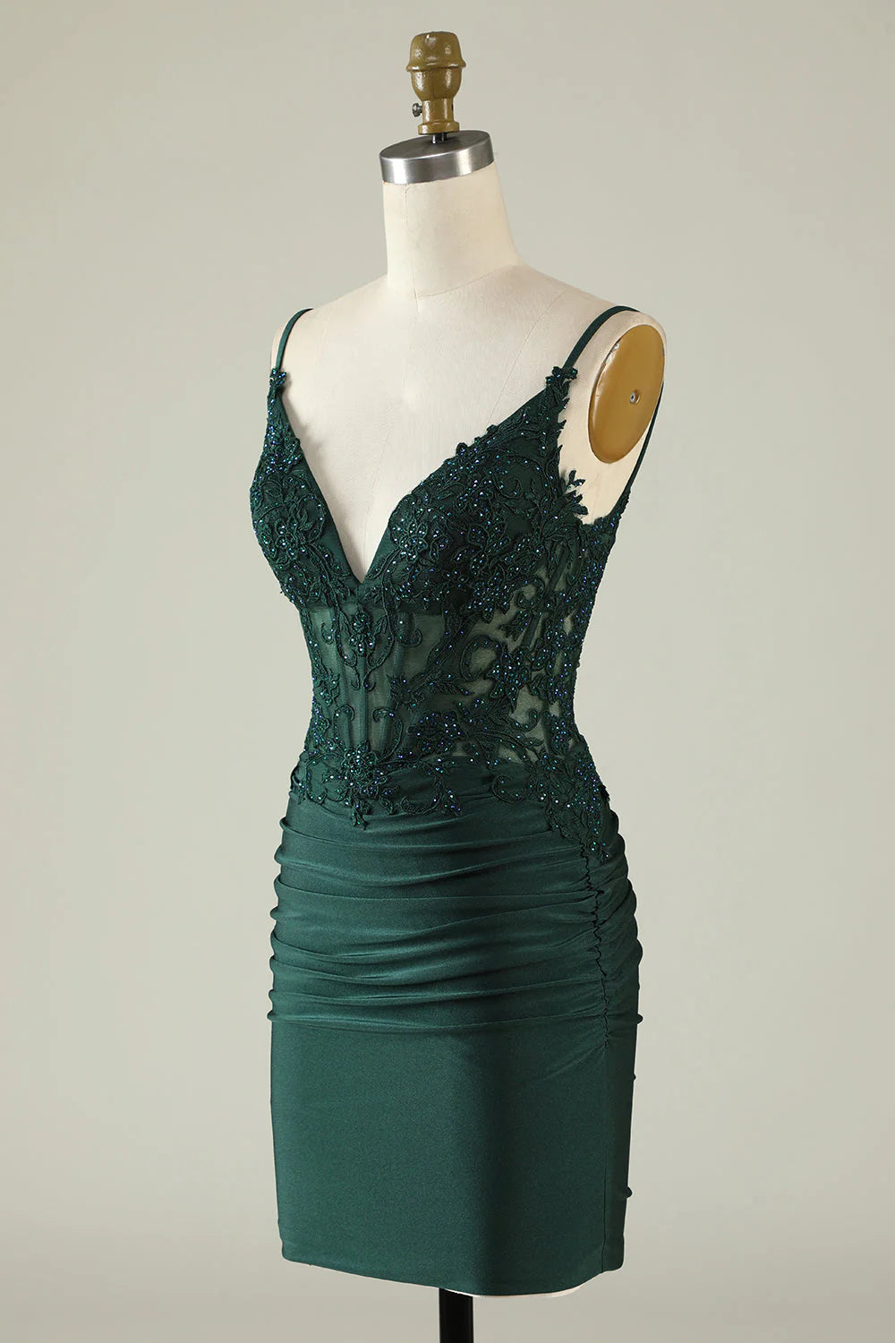 Chic Sheath V-Neck Thin-Strap Illusion-Lace Side-Ruched Satin Mini Prom Dress