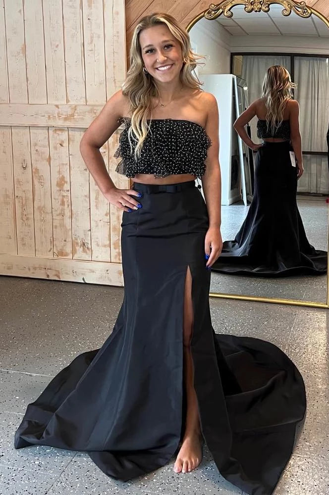 Chic Two-Piece Mermaid Strapless Sleeveless Slit Floor-Length Prom Dress