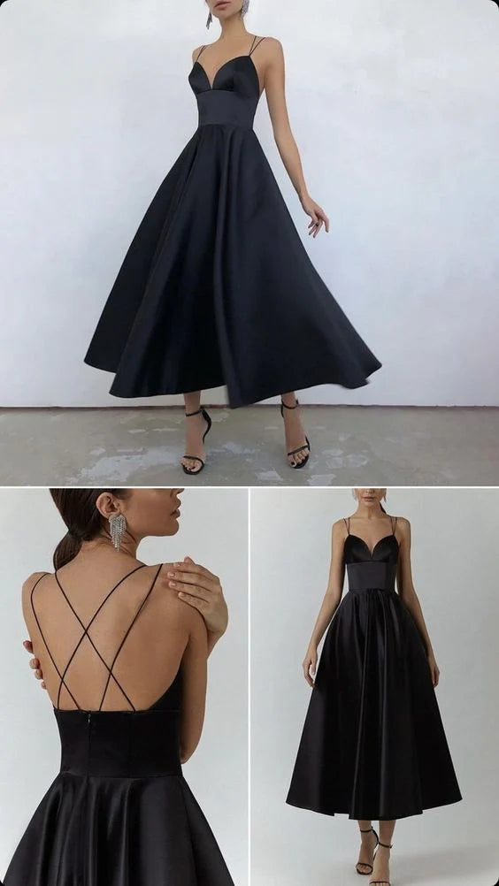 Chic Black Satin Plunge V-Neck Crisscross Backless A-Line Tea-Length Evening Dress for Cocktail & Formal Events