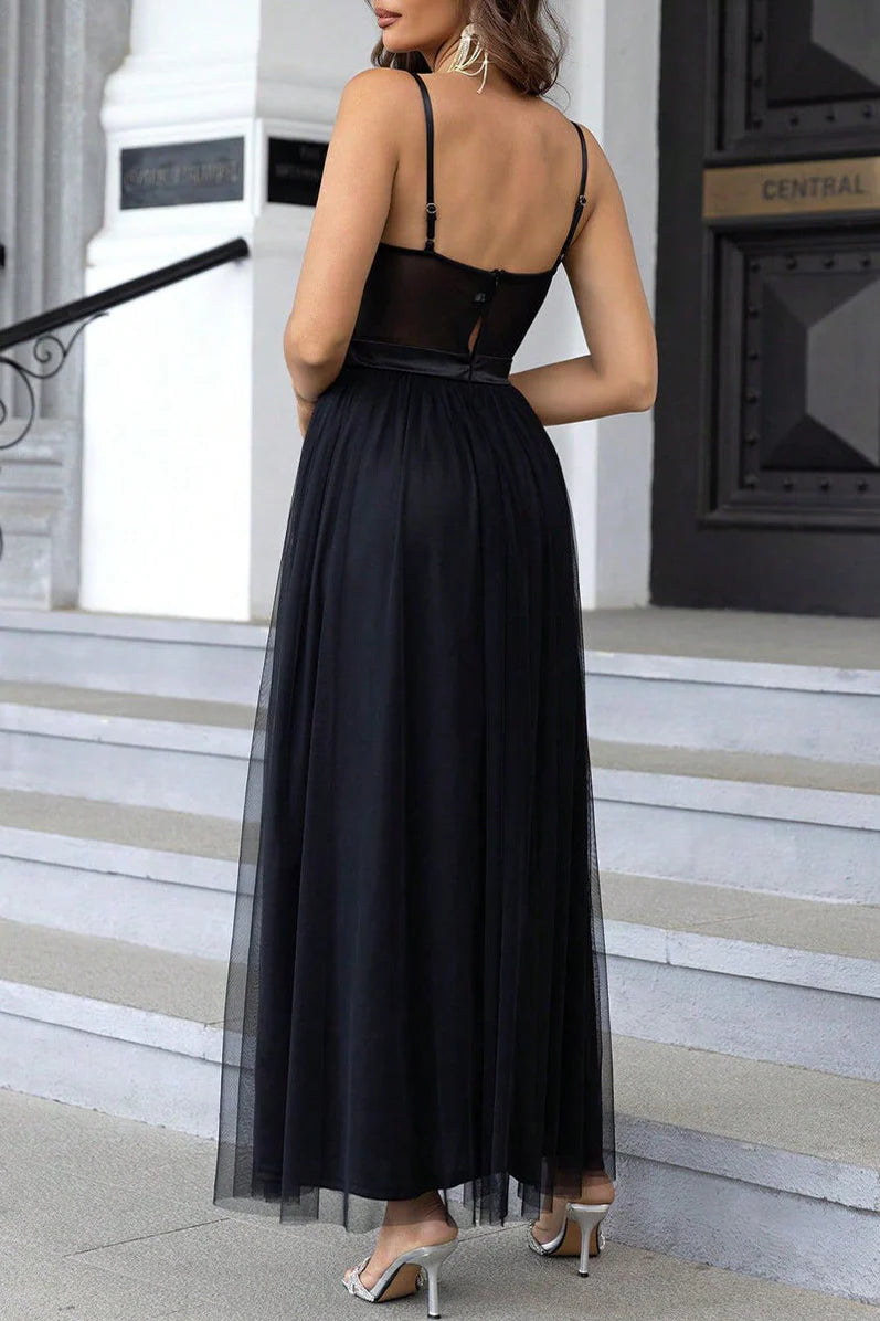 Chic Black Satin & Tulle Sweetheart Illusion-Bodice A-Line High-Slit Maxi Evening Dress