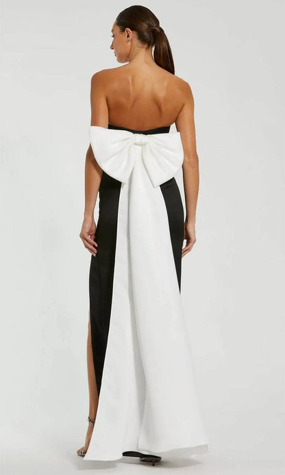 Chic Black & White Strapless Sweetheart Bow-Back Ruched High-Slit Maxi Evening Dress