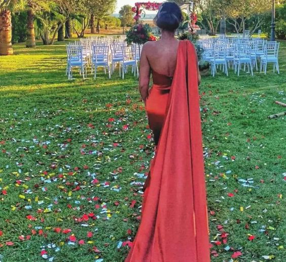 Chic One-Shoulder Burnt Orange Satin Evening Dress with Cape Train & Open Back