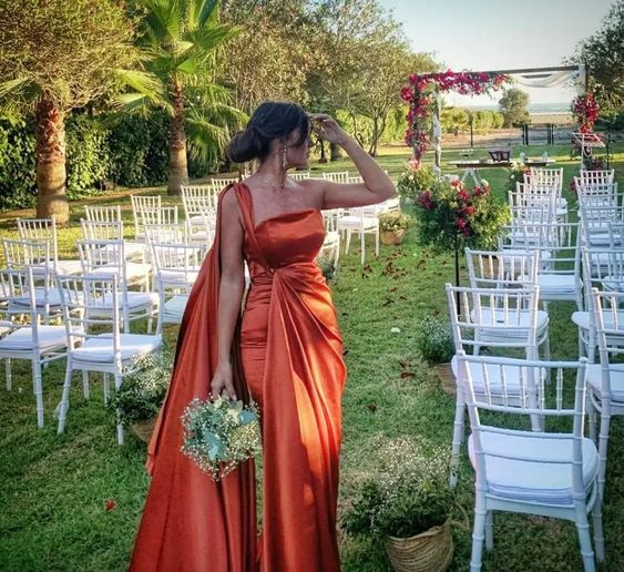 Chic One-Shoulder Burnt Orange Satin Evening Dress with Cape Train & Open Back