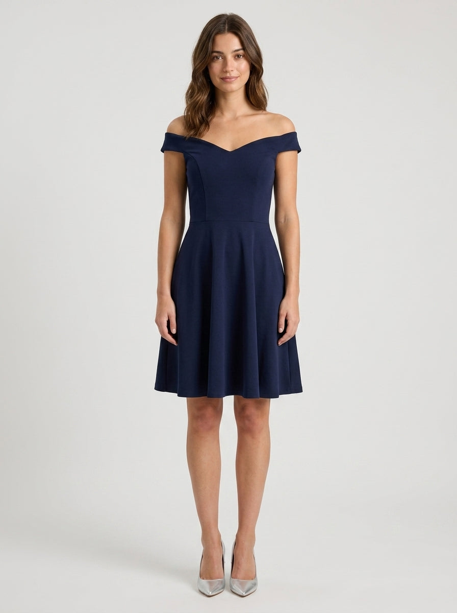 Chic A-Line Off-Shoulder Sweetheart Short Sleeve Zip Back Above-Knee Navy Blue Homecoming Dresses