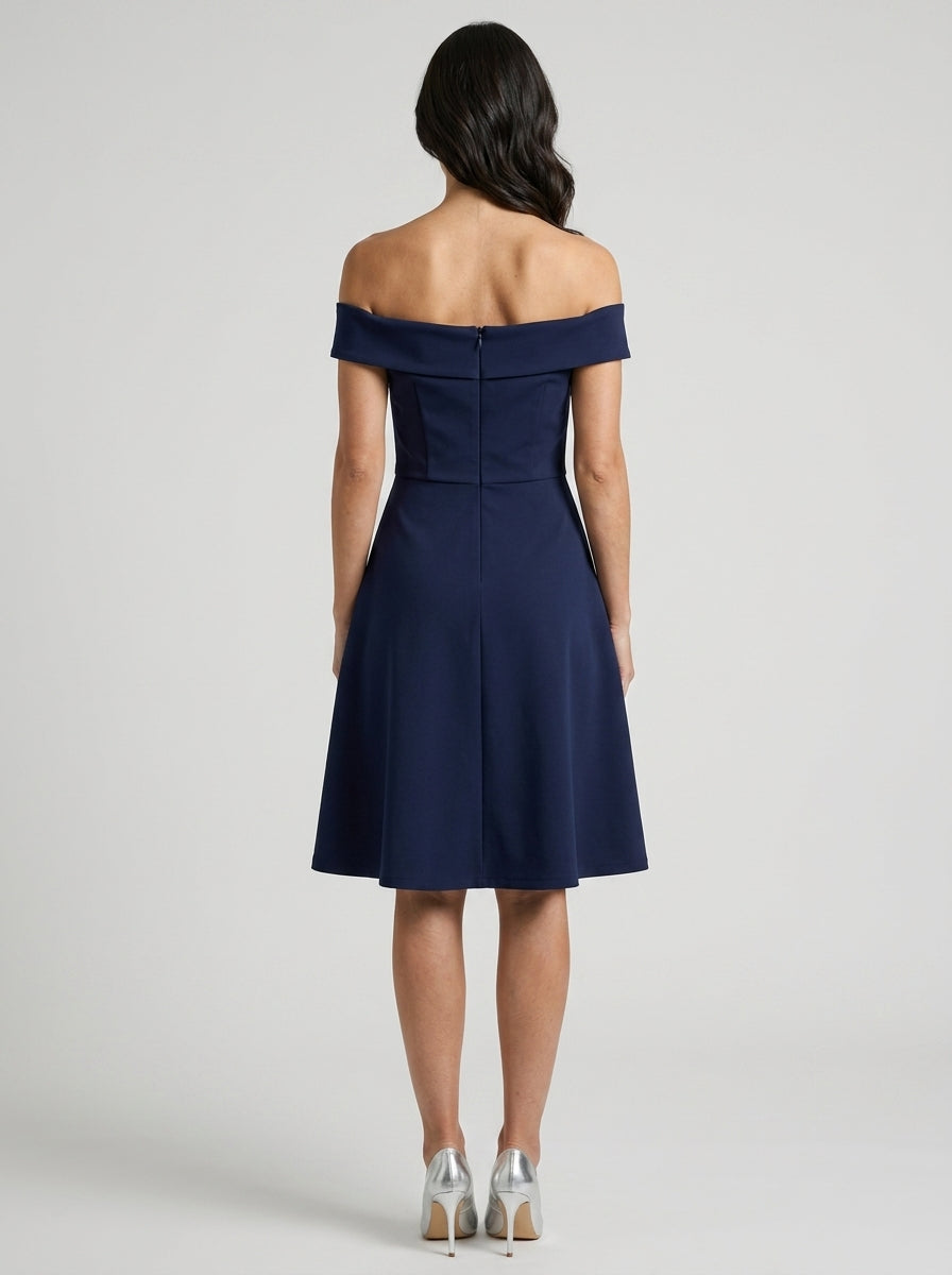 Chic A-Line Off-Shoulder Sweetheart Short Sleeve Zip Back Above-Knee Navy Blue Homecoming Dresses
