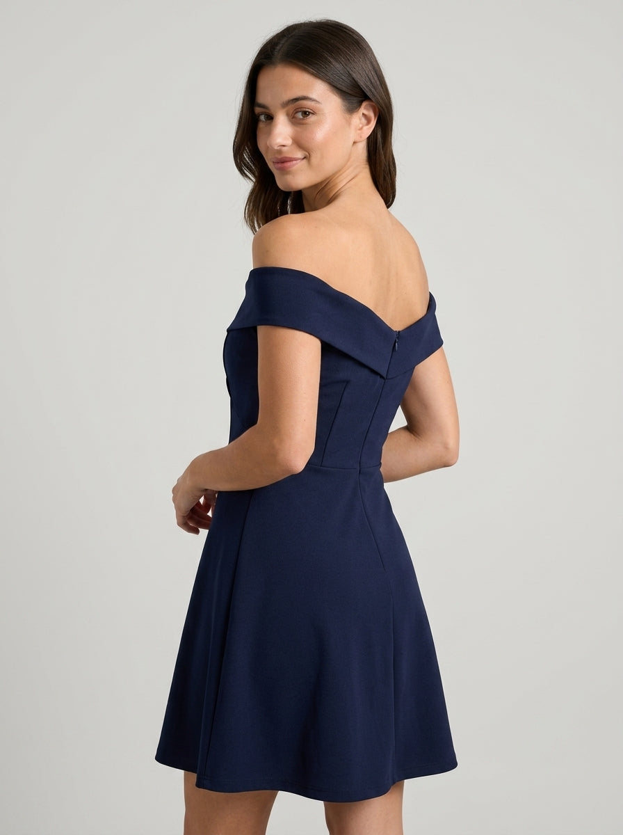 Chic A-Line Off-Shoulder Sweetheart Short Sleeve Zip Back Above-Knee Navy Blue Homecoming Dresses