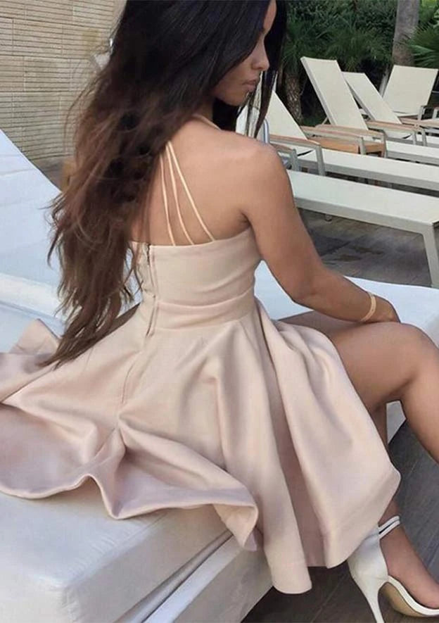 Chic A-Line Plunging V-Neck Spaghetti Strap Criss-Cross Back Mini Homecoming Dresses