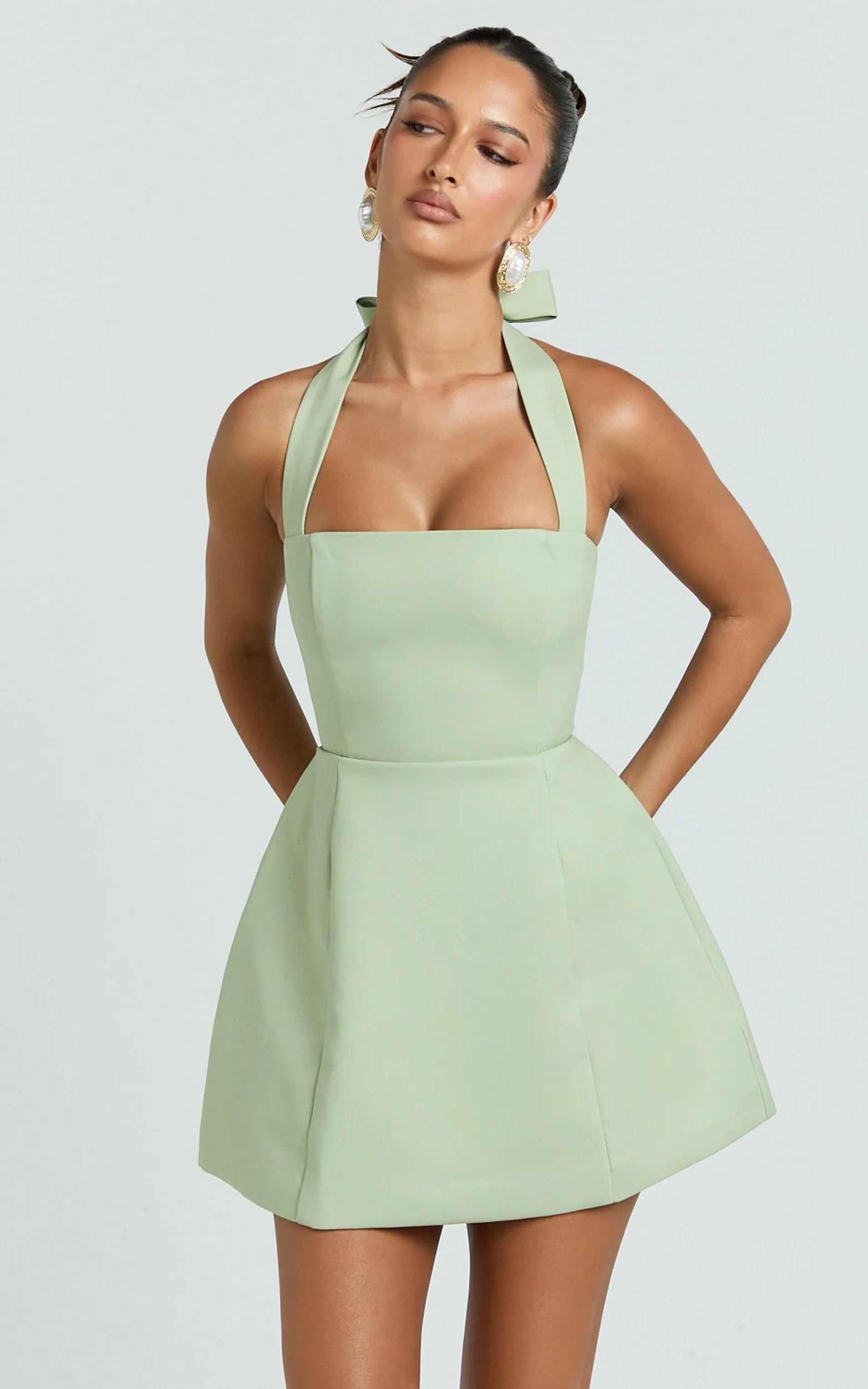 Chic A-Line Square Halter Tie Sleeveless Open Back Mini Homecoming Dress with Bow Detail