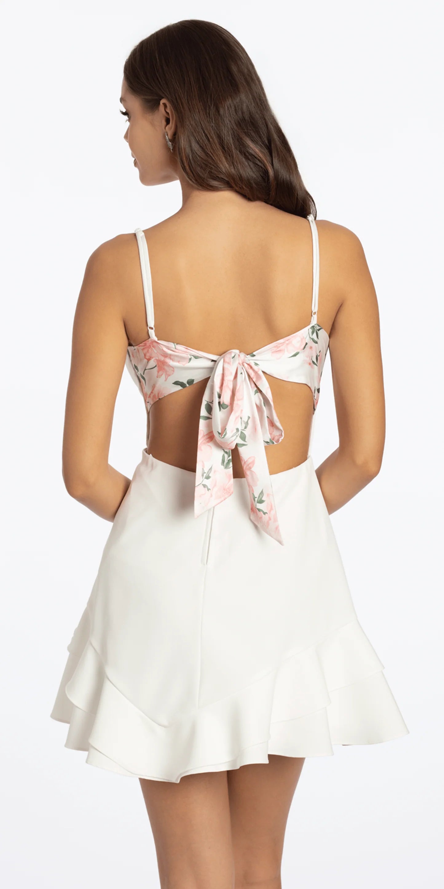 Chic A-Line Square Neck Sleeveless Open Back Mini Ruffled Hem Floral Tie Homecoming Dresses