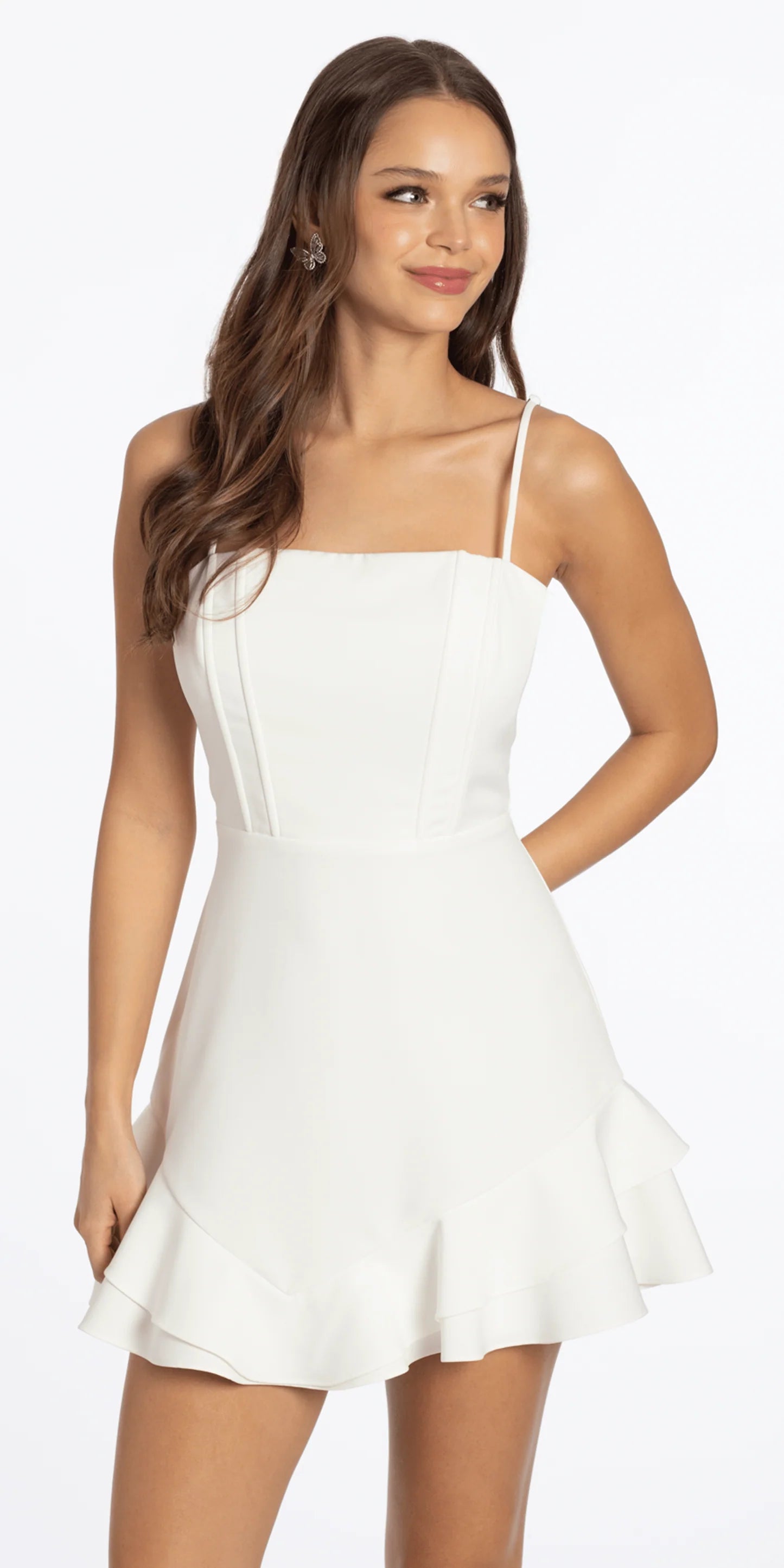 Chic A-Line Square Neck Sleeveless Open Back Mini Ruffled Hem Floral Tie Homecoming Dresses
