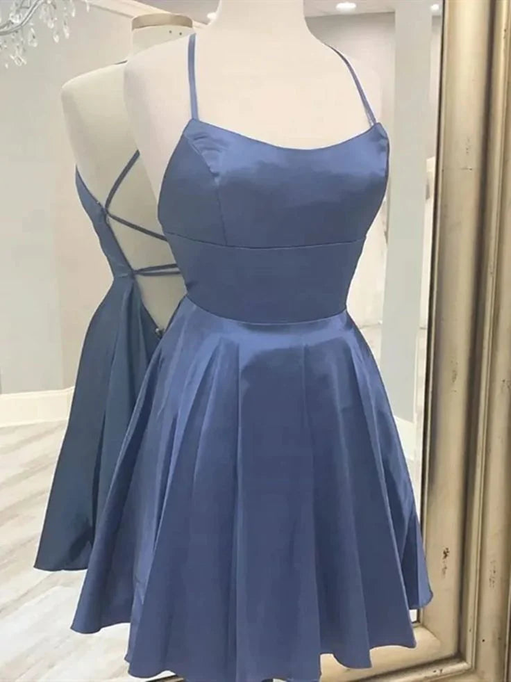 Chic A-Line Sweetheart Neck Spaghetti Straps Criss-Cross Open Back Short Satin Homecoming Dresses