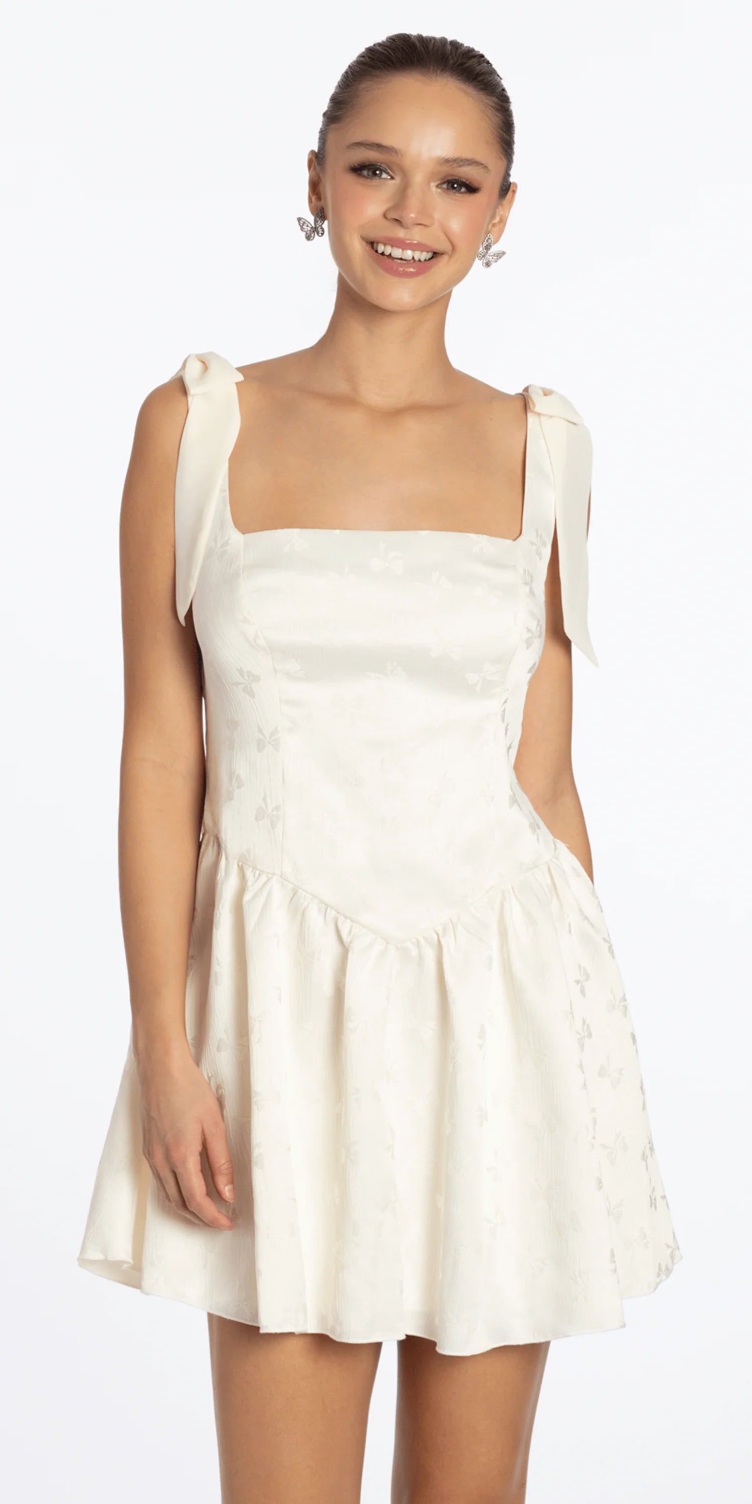 Chic A-line Square Neck Sleeveless Tie-Shoulder Zipper Back Mini Homecoming Dresses with Butterfly Jacquard