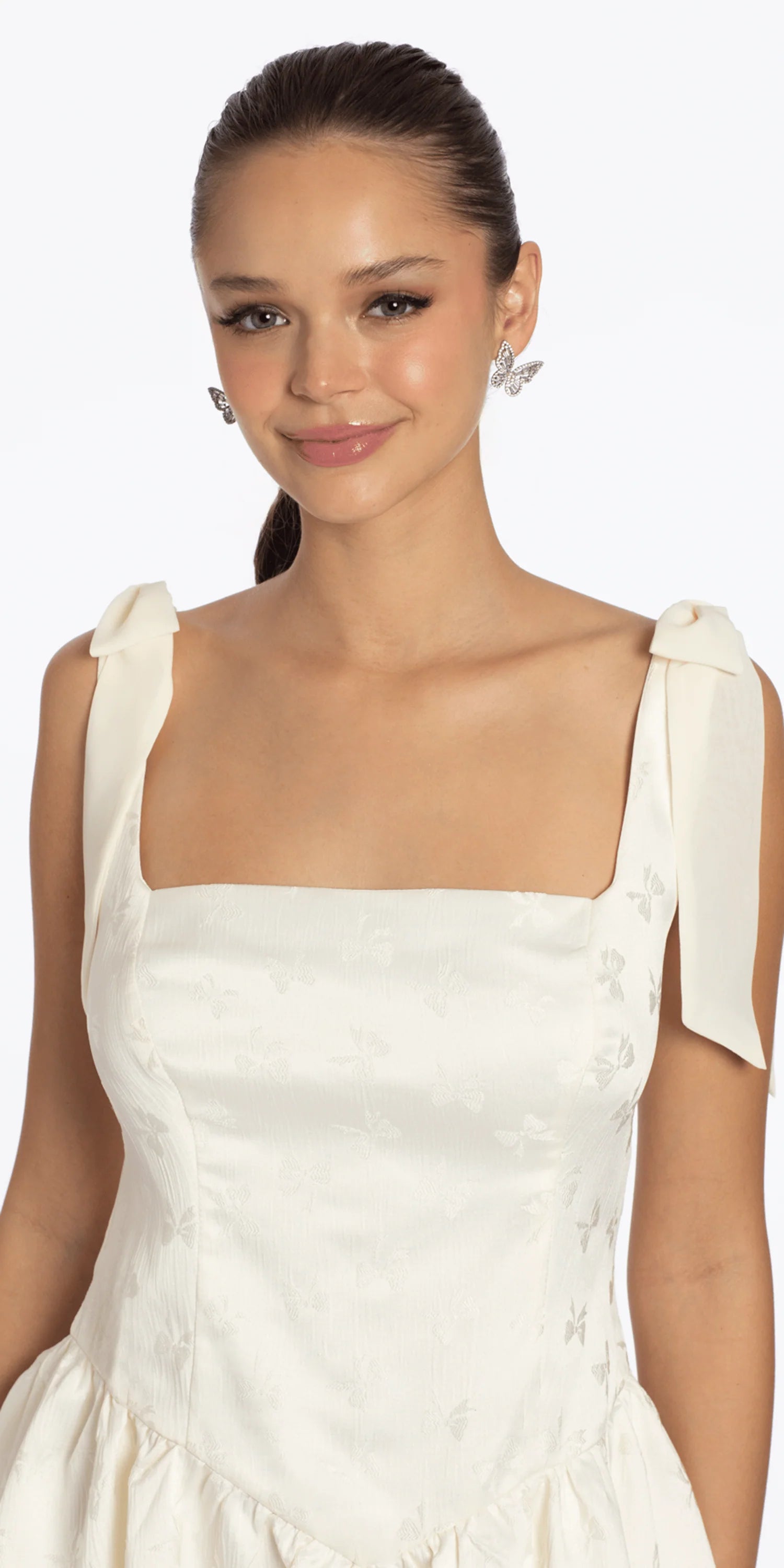 Chic A-line Square Neck Sleeveless Tie-Shoulder Zipper Back Mini Homecoming Dresses with Butterfly Jacquard