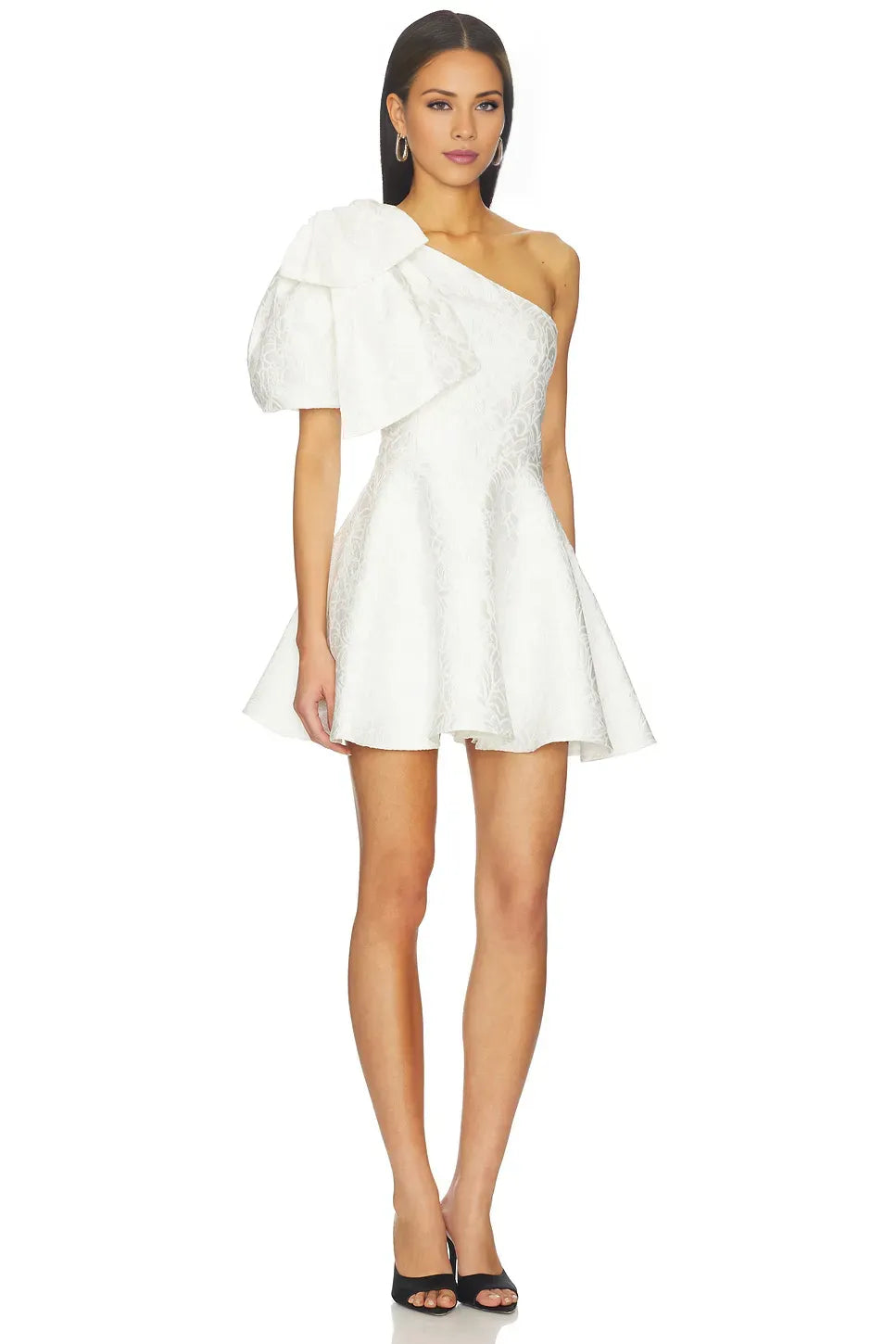 Chic Textured A-Line One-Shoulder Puff Sleeve Mini Homecoming Dress with Dramatic Bow Detail for Parties