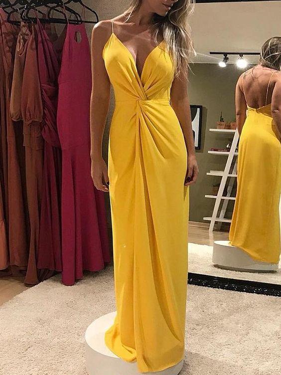 Chiffon Spaghetti-Strap Deep V-Neck Twist-Bodice Open-Back Sheath Floor-Length Evening Dress